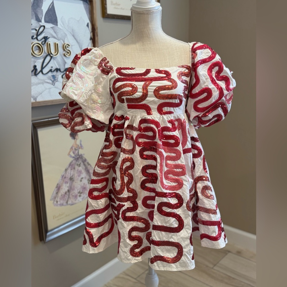 New! Rare! QUEEN OF SPARKLES Red and White Squiggle Sequin Dress
